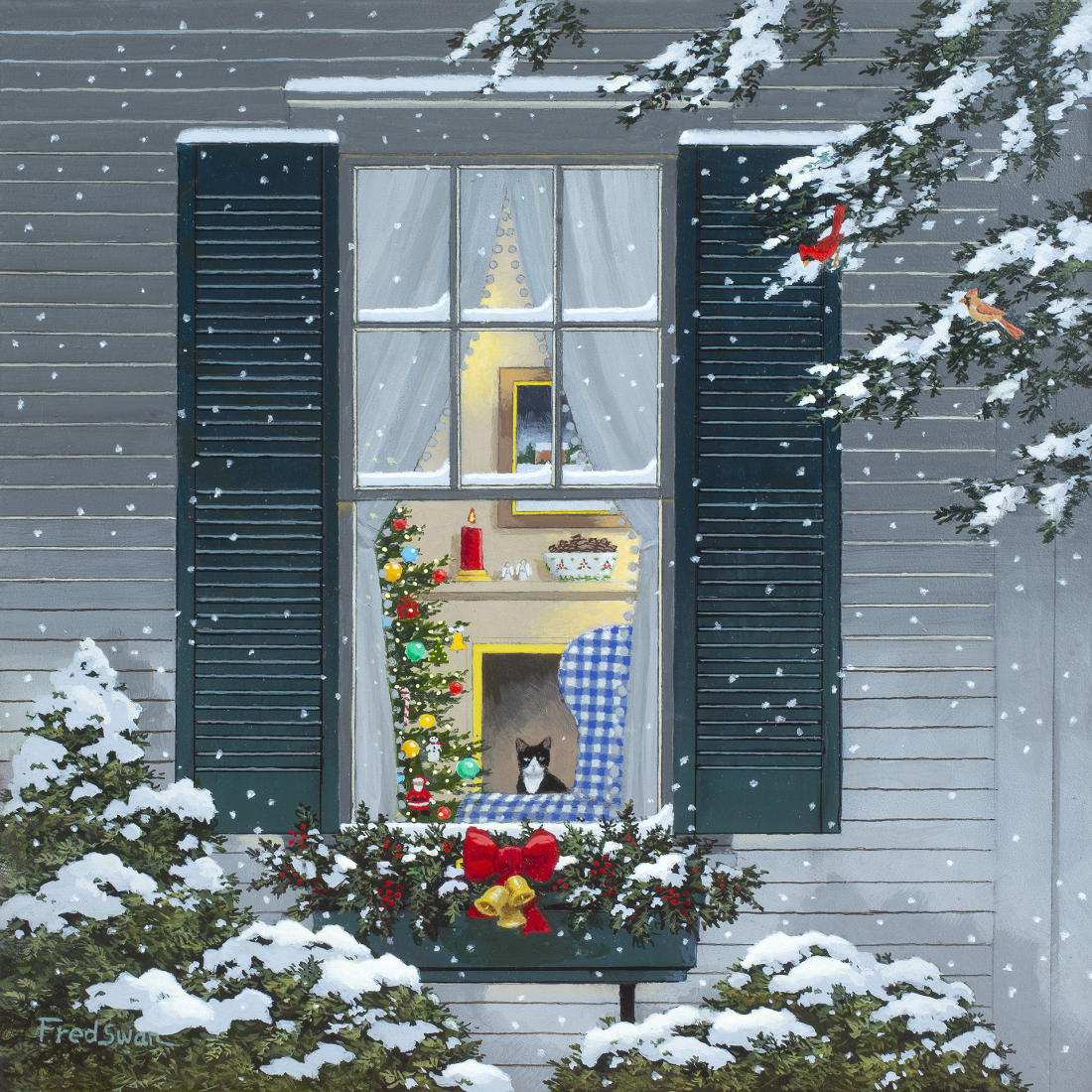 Christmas Cardinals - American Realist Painting by Fred Swan